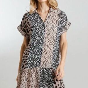 Umgee Mixed Animal Print High-Low Hem Button Down Shirt Dress